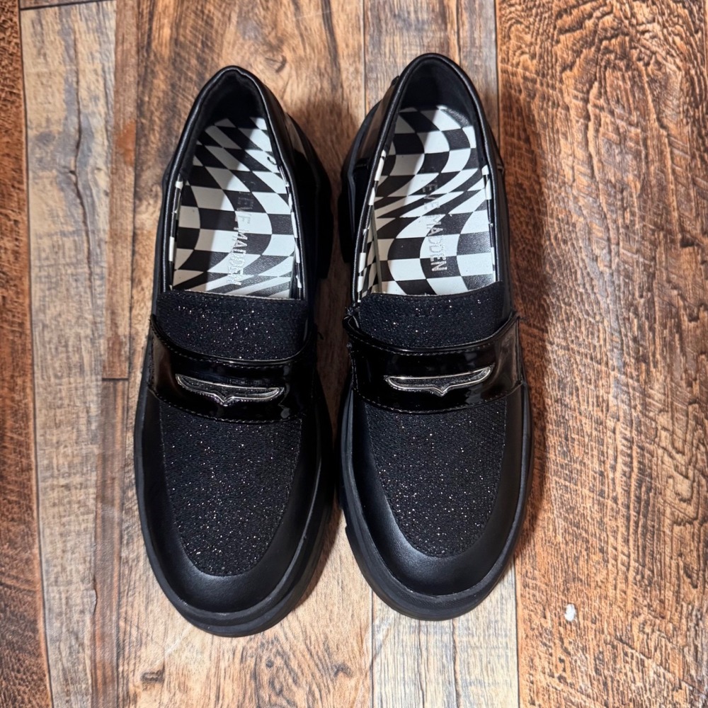 Steve Madden Black Glitter Platform Lug Sole Loafers Checkered Inner‎ Size 1